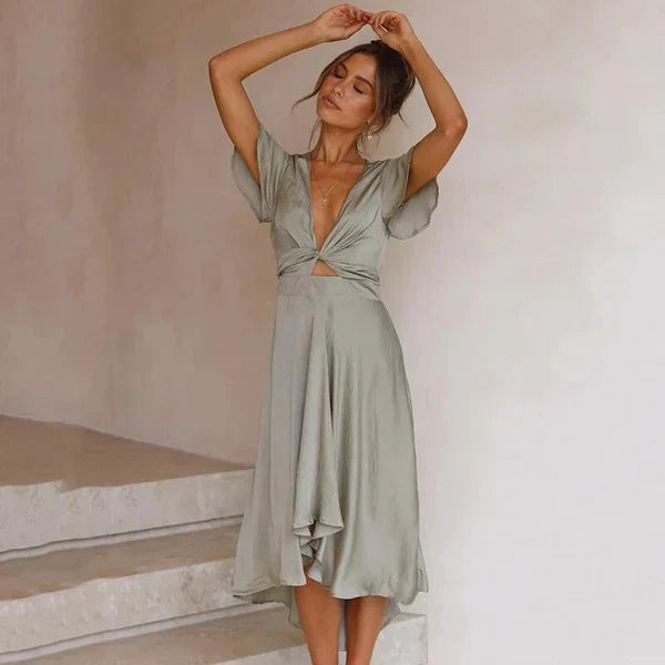 Elowen | Women's Wedding Guest Dress With Deep V-Neckline And High-Low Silhouette