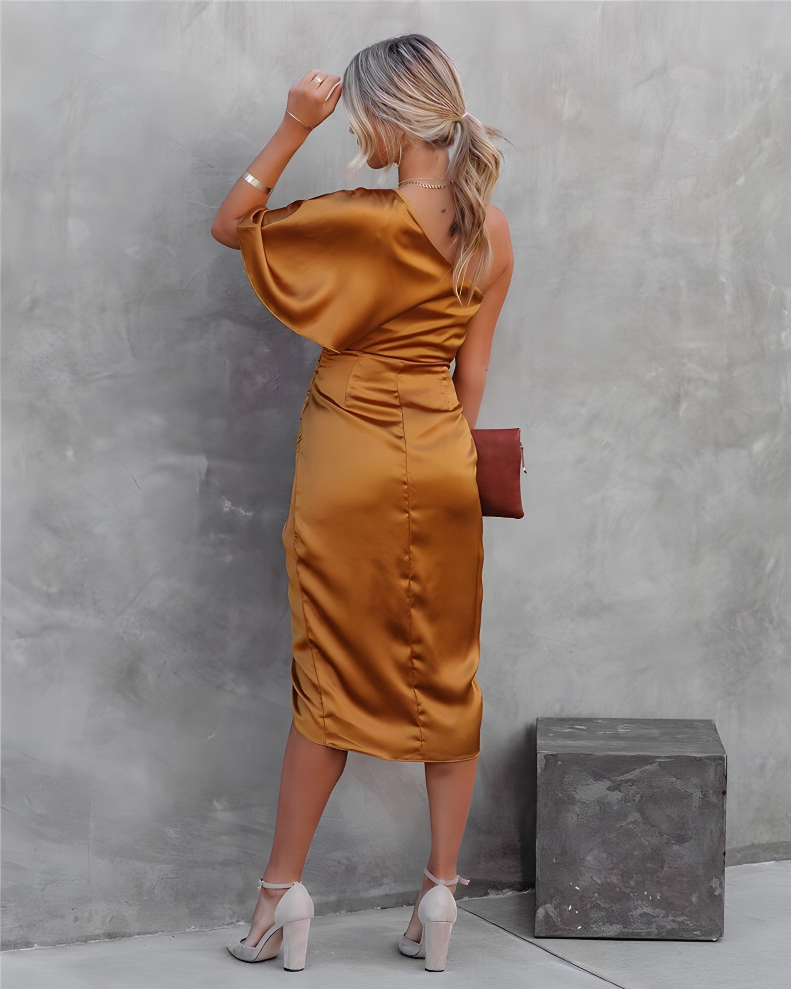 Camille | Women's Day Dress With Asymmetric Neckline And Draped Waist | Elegant