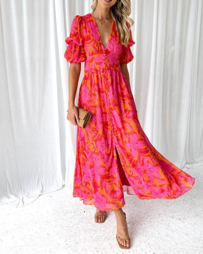 Clara | Women’s Graduation Dress With Puff Sleeves And Floral Print | Elegant