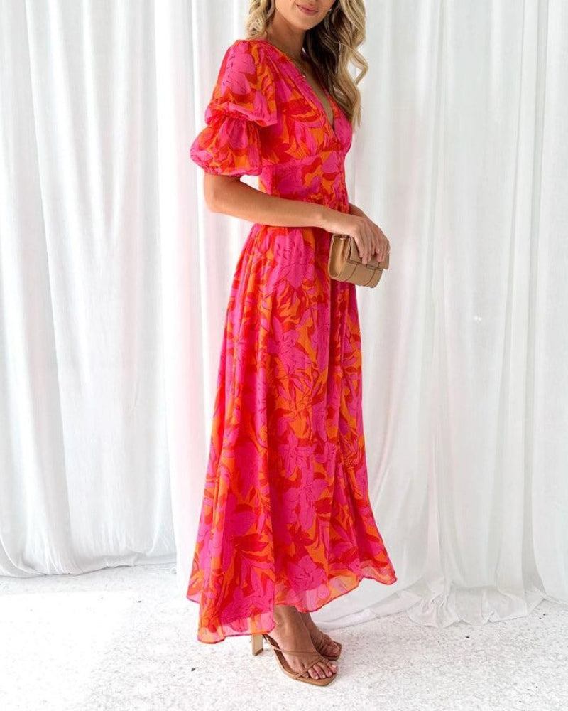 Clara | Women’s Graduation Dress With Puff Sleeves And Floral Print | Elegant