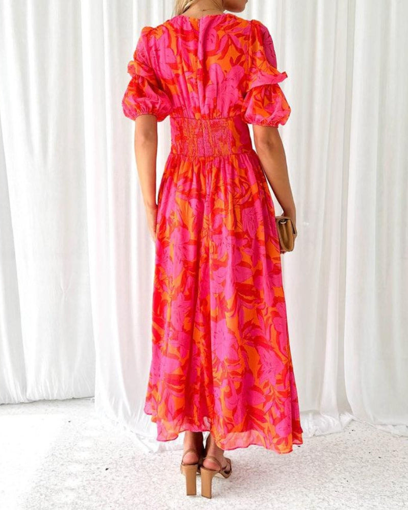 Clara | Women’s Graduation Dress With Puff Sleeves And Floral Print | Elegant