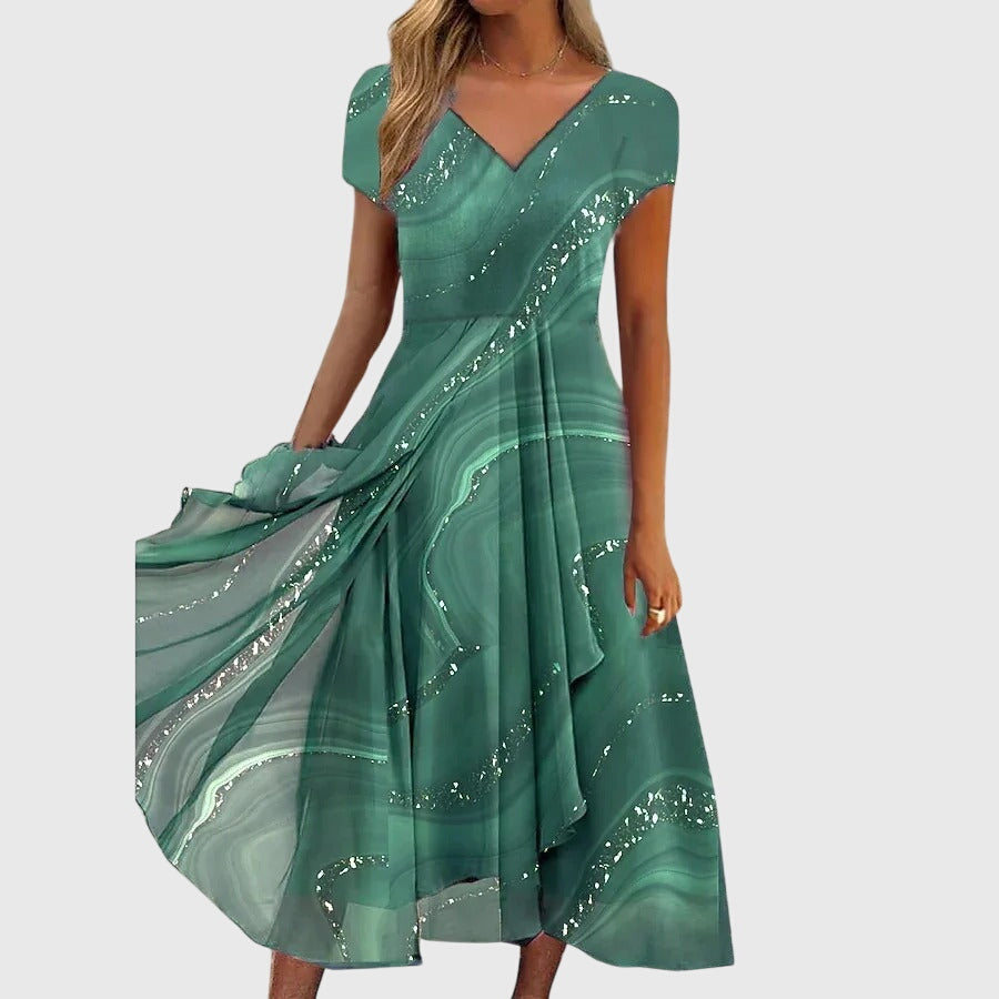 Clara | Women's Sparkle Dress With V-Neck And Flowing Swirl Print | Elegant