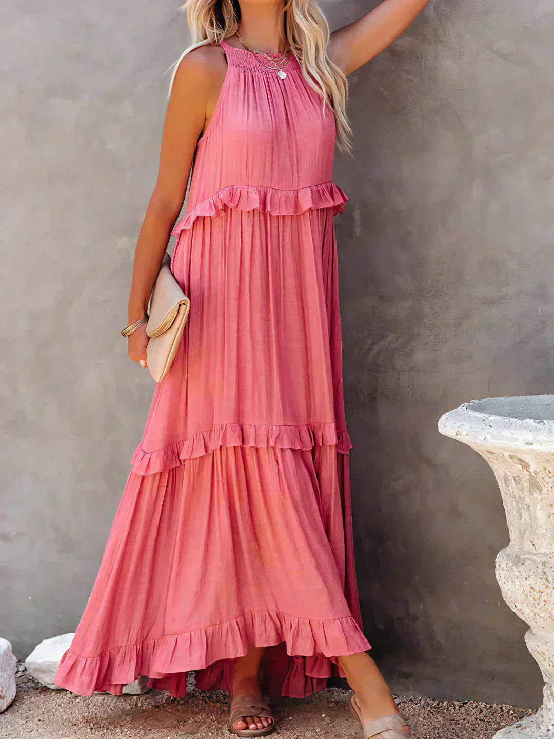 Delilah | Women's Day Dress With Halter Neck Design And Ruffle Trim Detail | Elegant