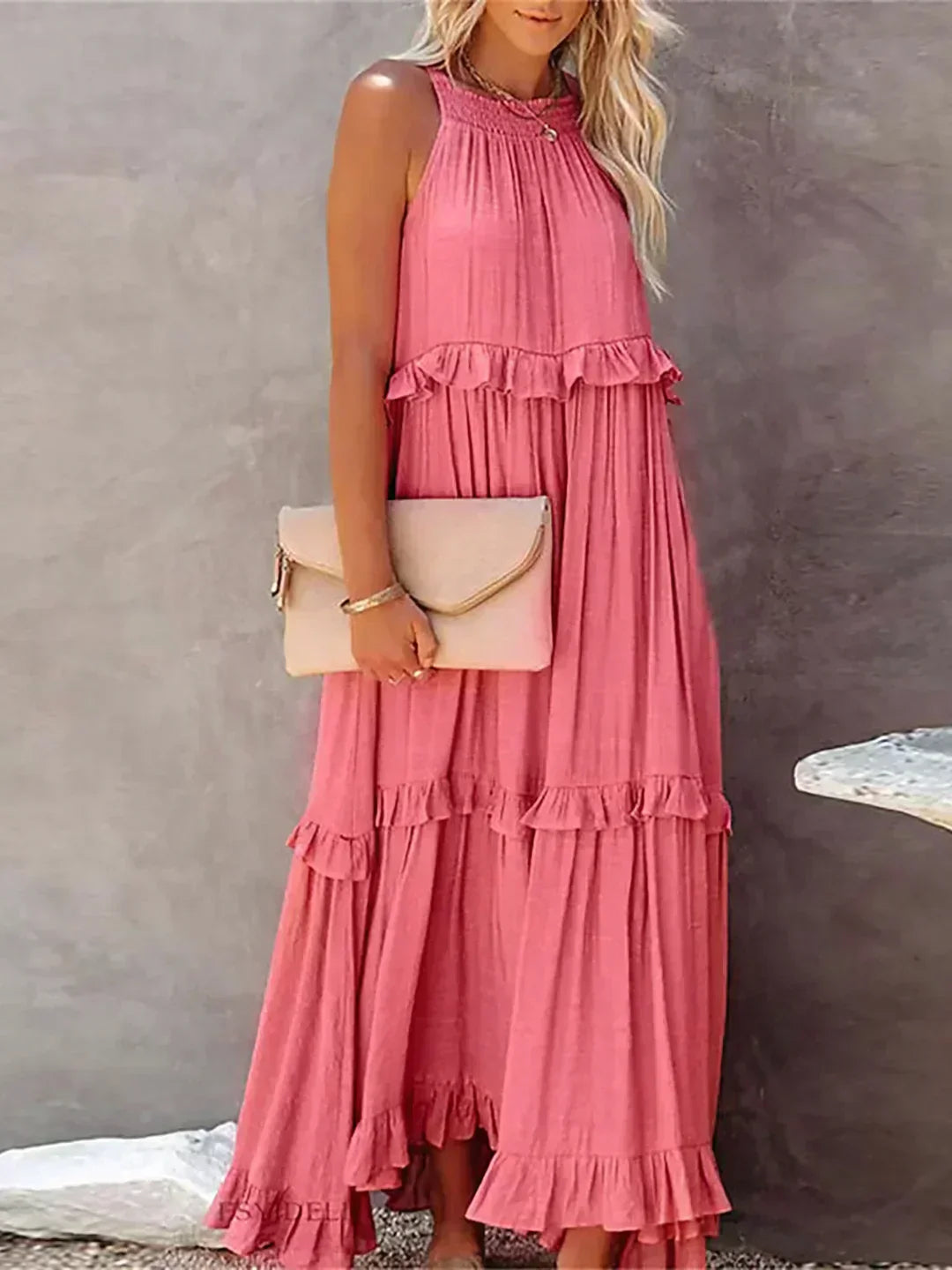 Delilah | Women's Day Dress With Halter Neck Design And Ruffle Trim Detail | Elegant