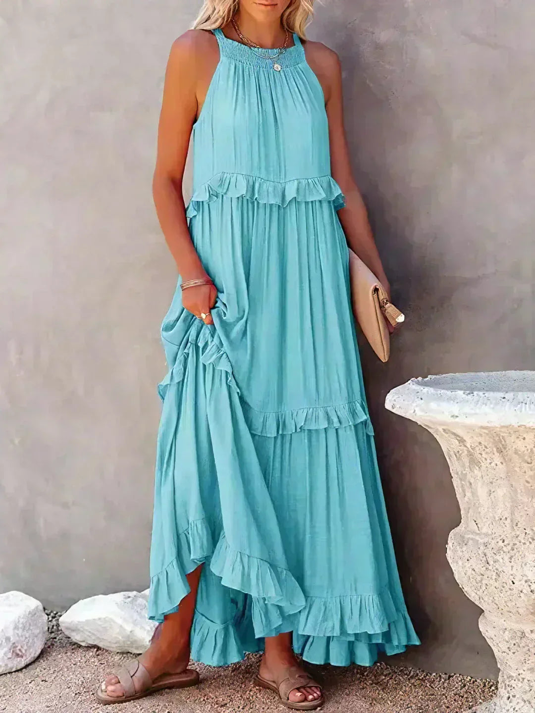 Delilah | Women's Day Dress With Halter Neck Design And Ruffle Trim Detail | Elegant