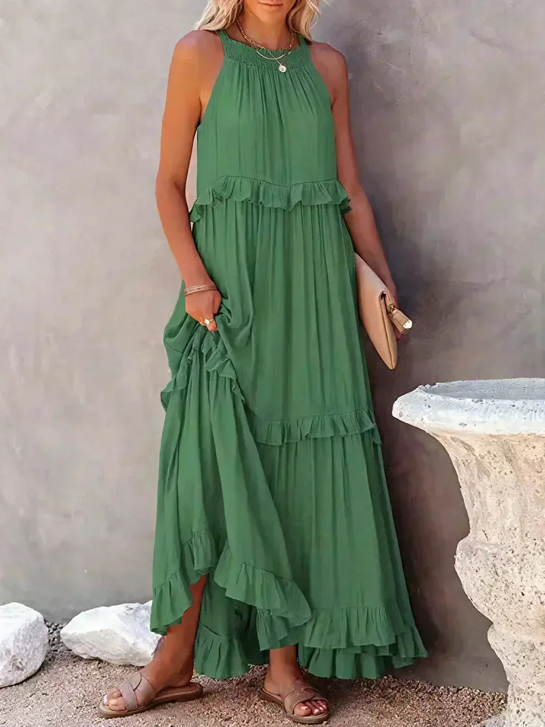 Delilah | Women's Day Dress With Halter Neck Design And Ruffle Trim Detail | Elegant