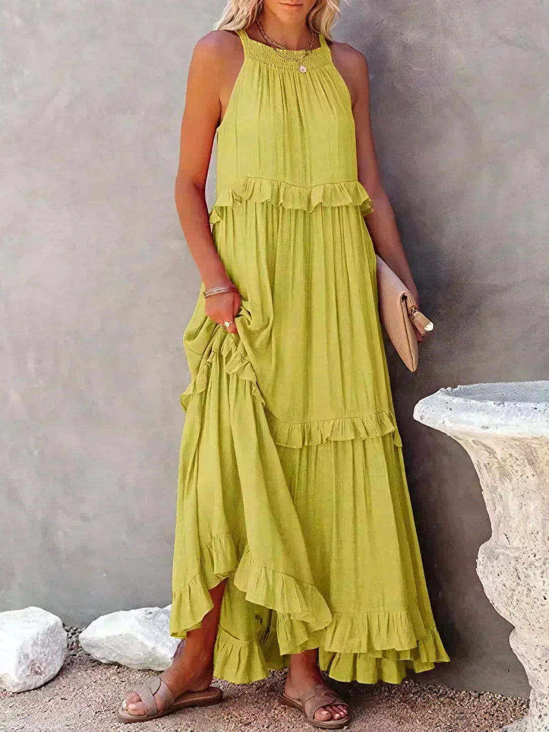 Delilah | Women's Day Dress With Halter Neck Design And Ruffle Trim Detail | Elegant