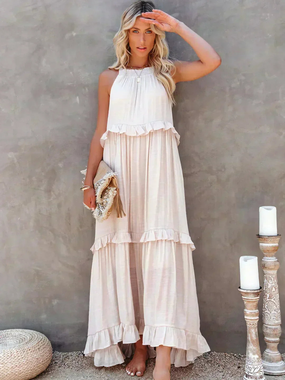 Delilah | Women's Day Dress With Halter Neck Design And Ruffle Trim Detail | Elegant