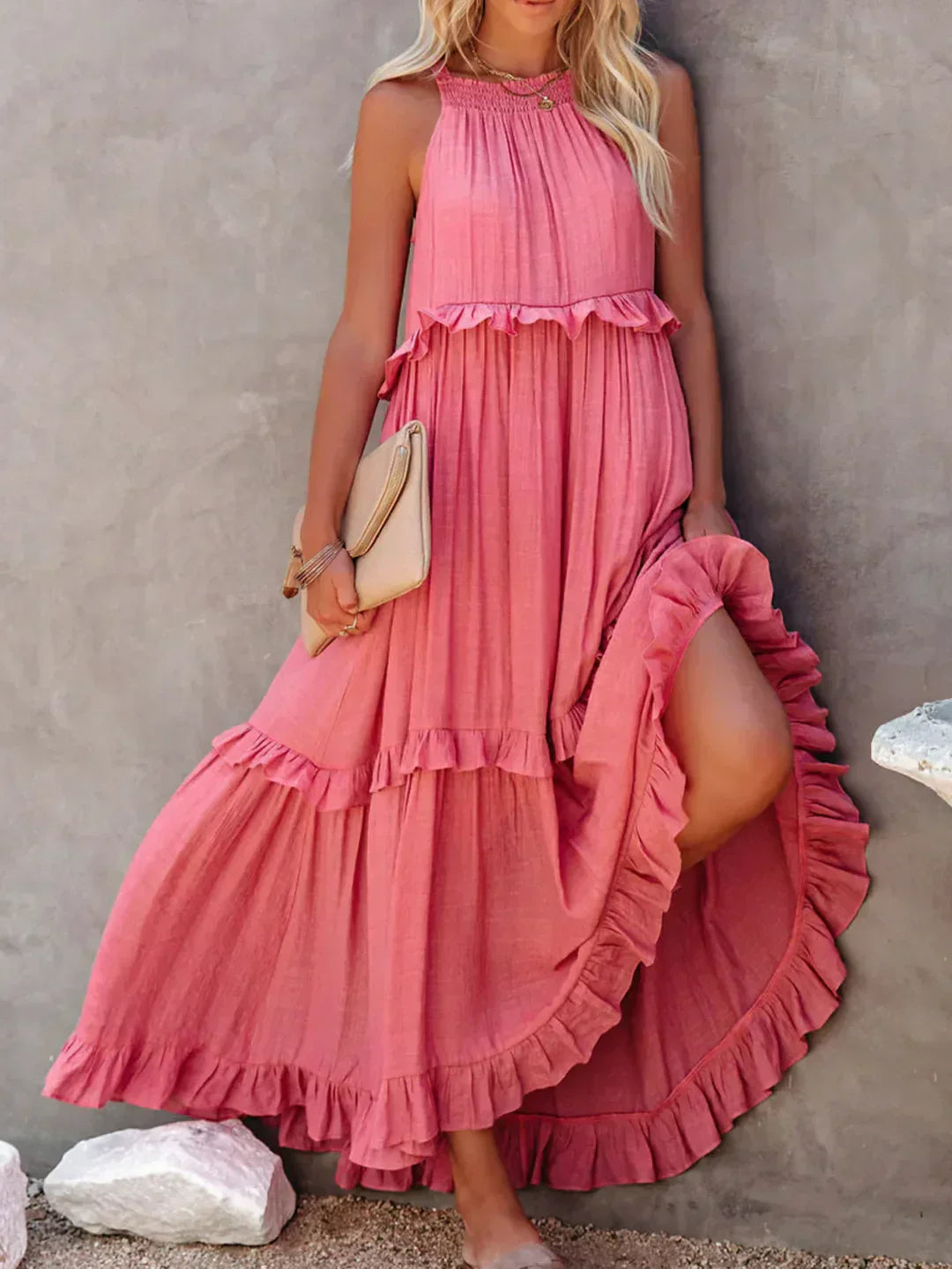 Delilah | Women's Day Dress With Halter Neck Design And Ruffle Trim Detail | Elegant