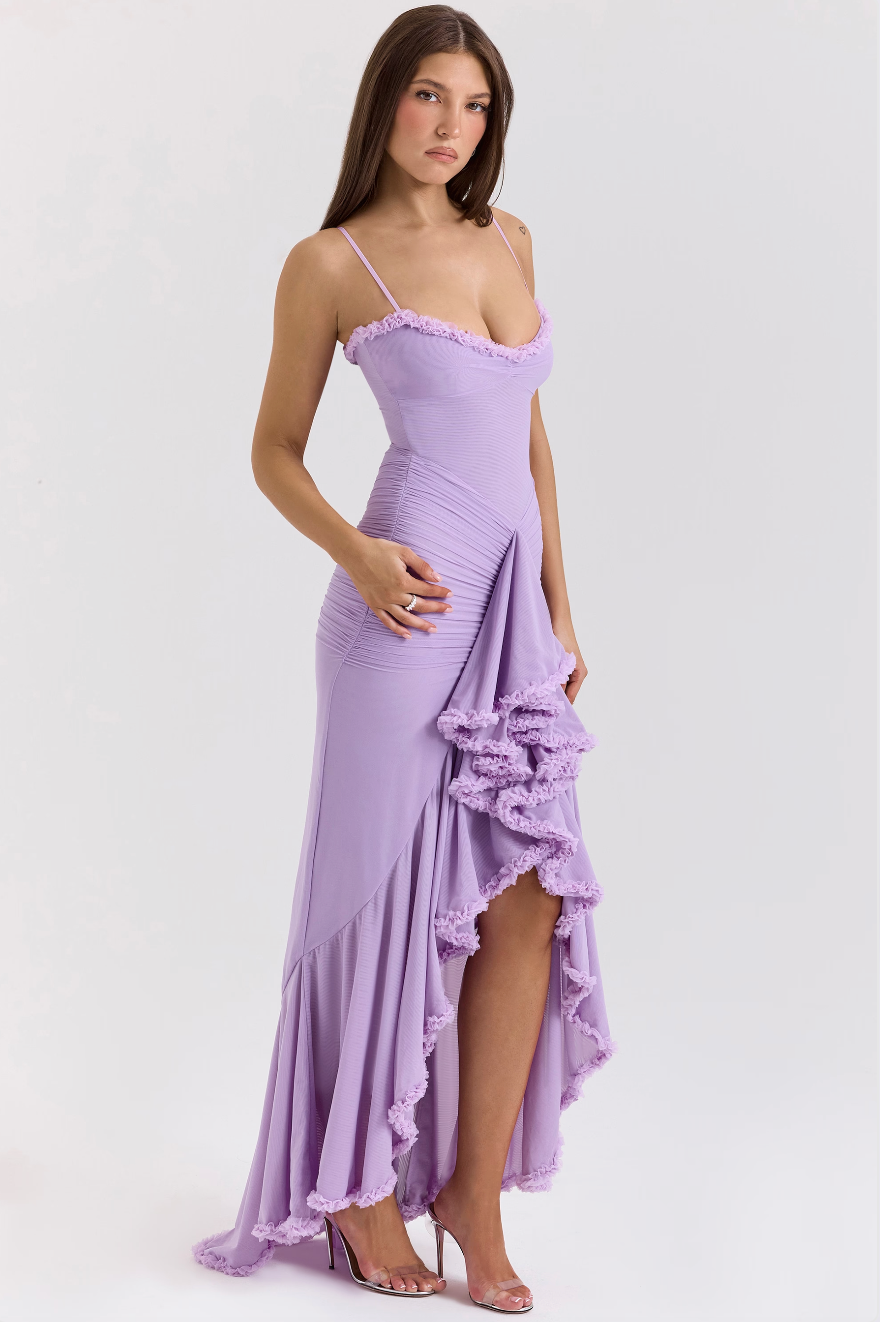 Fauna | Women's Cocktail Dress With Ruched Ruffle Design And Asymmetric Dovetail Silhouette | Party