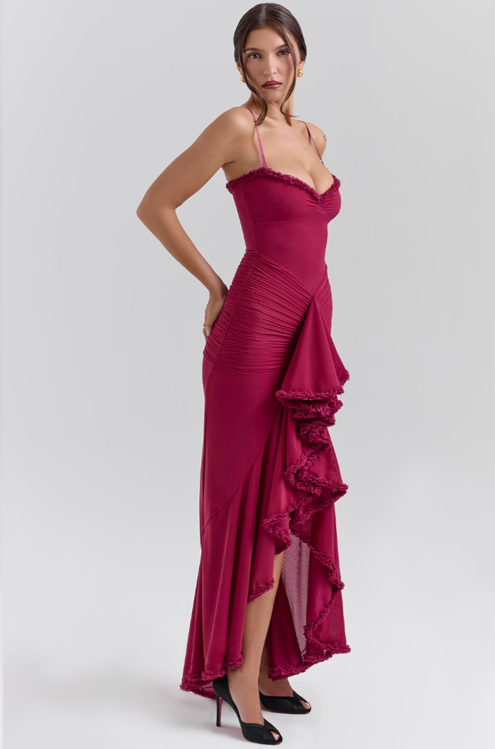 Fauna | Women's Cocktail Dress With Ruched Ruffle Design And Asymmetric Dovetail Silhouette | Party