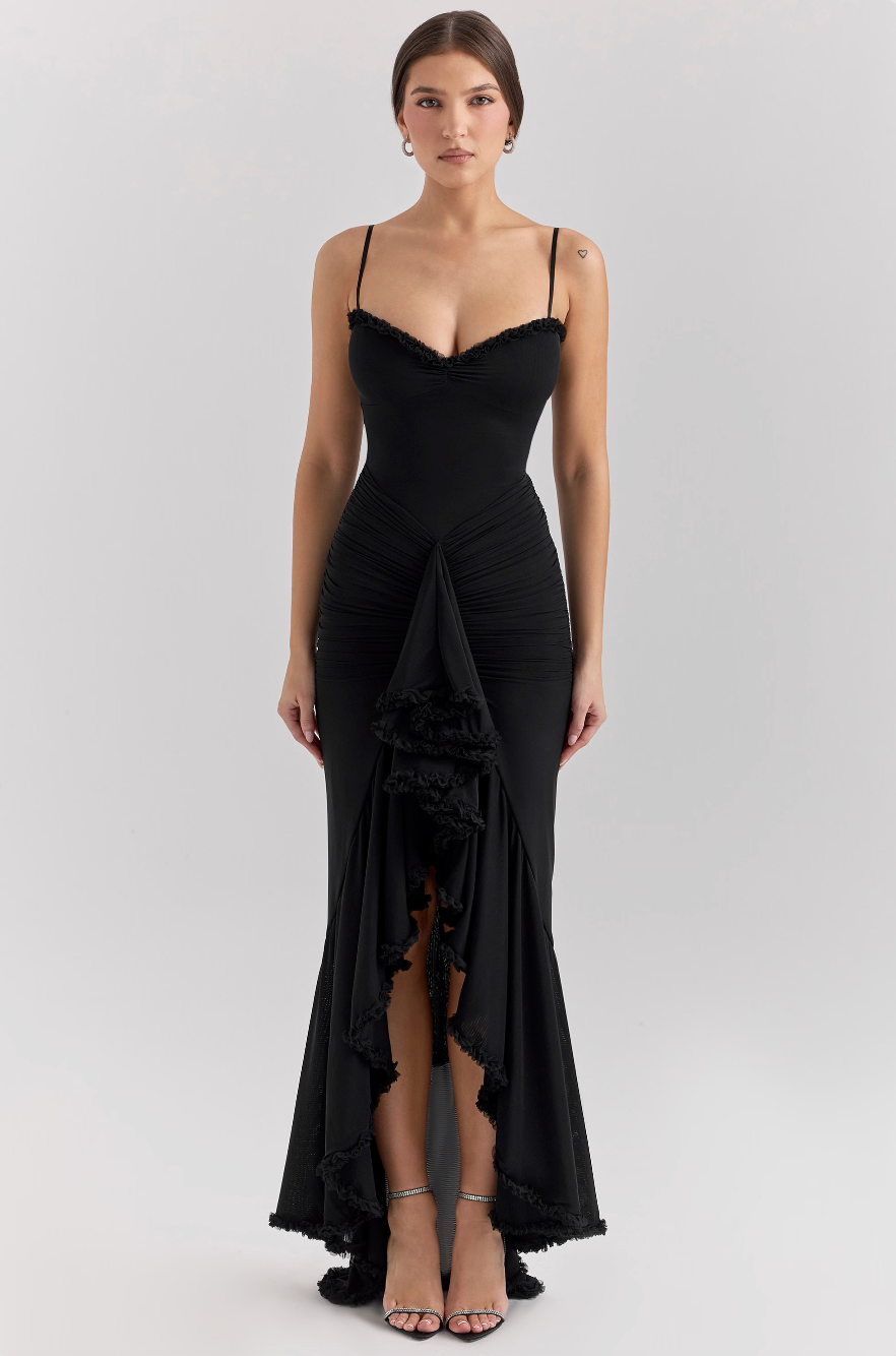 Fauna | Women's Cocktail Dress With Ruched Ruffle Design And Asymmetric Dovetail Silhouette | Party