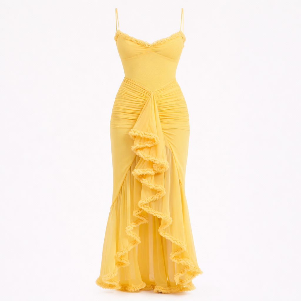 Fauna | Women's Cocktail Dress With Ruched Ruffle Design And Asymmetric Dovetail Silhouette | Party