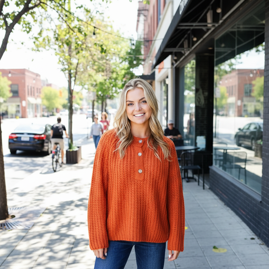 Hannah | Women Sweater With Loose Knit Fabric And Henley Button Detail | Casual Style