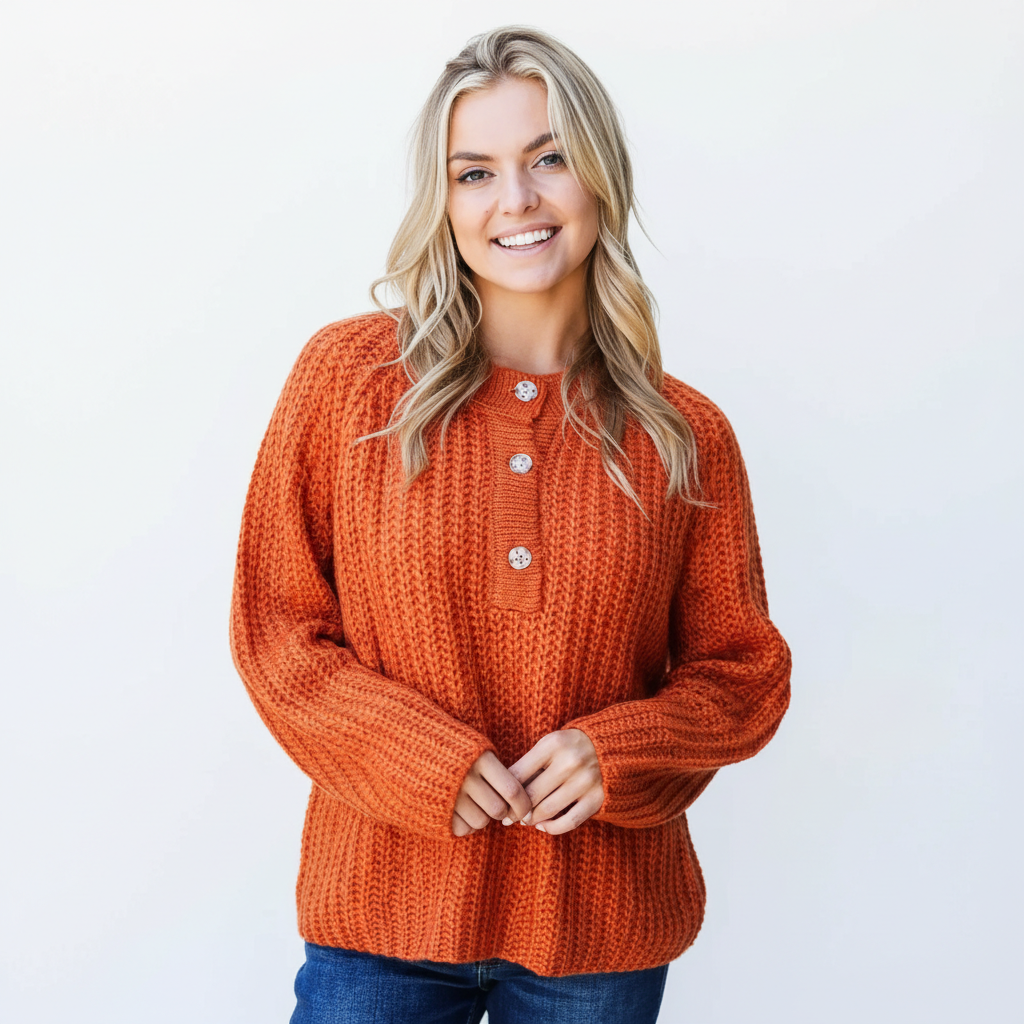 Hannah | Women Sweater With Loose Knit Fabric And Henley Button Detail | Casual Style