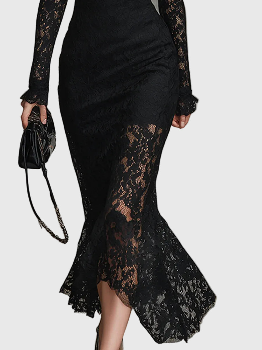 Harper | Women's Prom Dress With High Neckline And Long Lace Sleeves