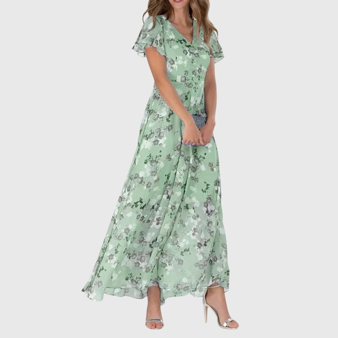 Lila | Women's Day Dress With V-Neck And Flutter Sleeves | Graceful