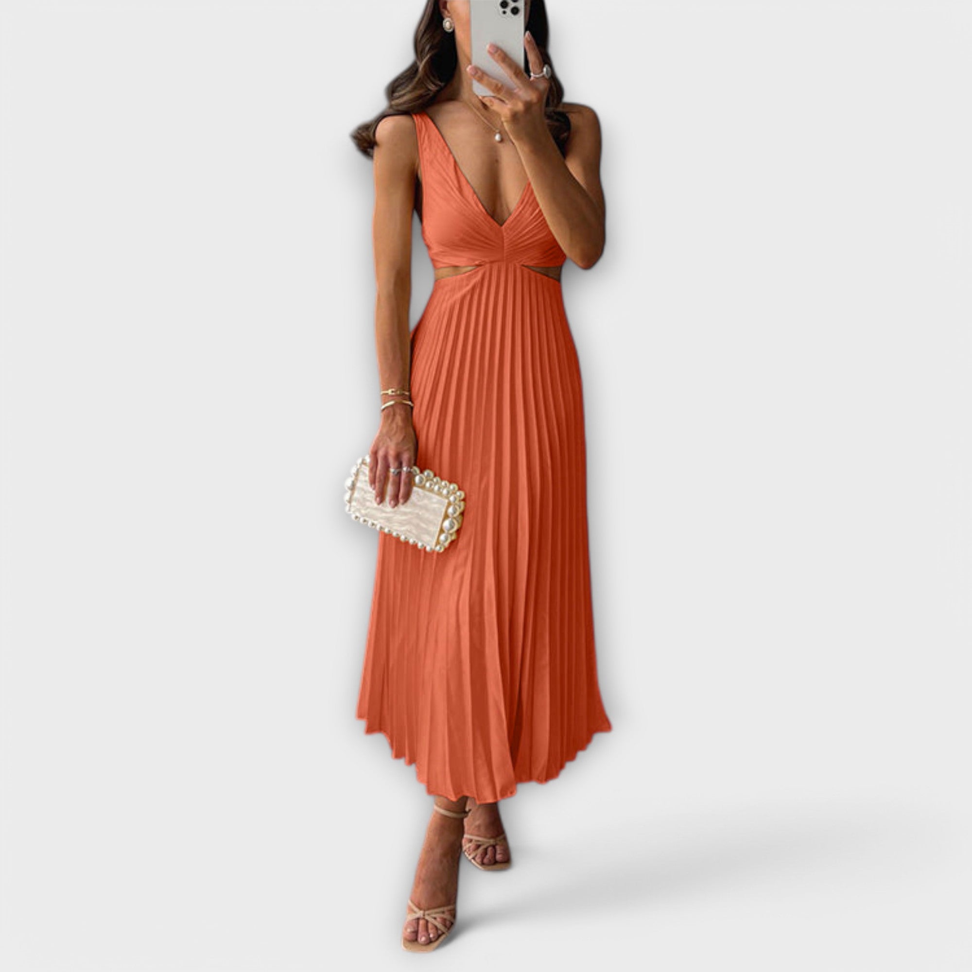 Nora | Women's Day Dress With Pleated Skirt And Sleeveless V-Neck Design | Casual