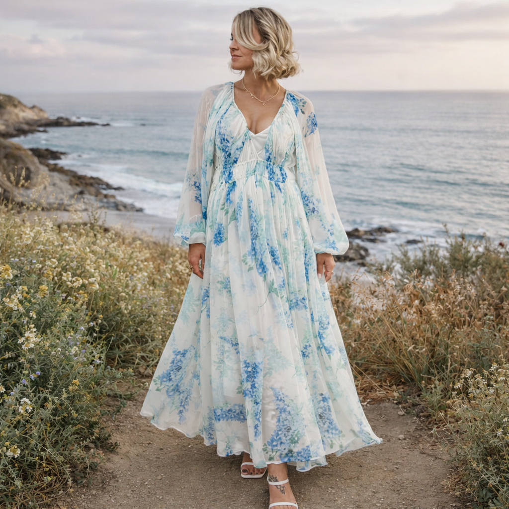 Nora | Women's Floral Dress With Flowing Maxi And Long Sheer Sleeves | Elegant