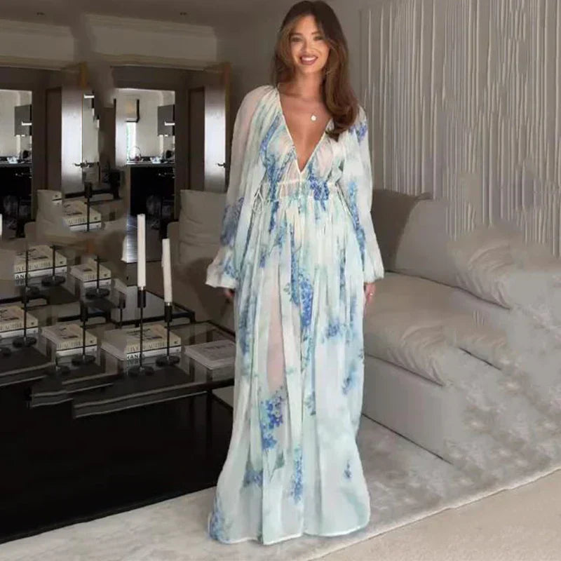Nora | Women's Floral Dress With Flowing Maxi And Long Sheer Sleeves | Elegant