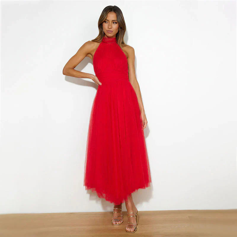 Pearlina | Women's Sparkle Dress With Mesh High Neck And Flared Silhouette | Elegant