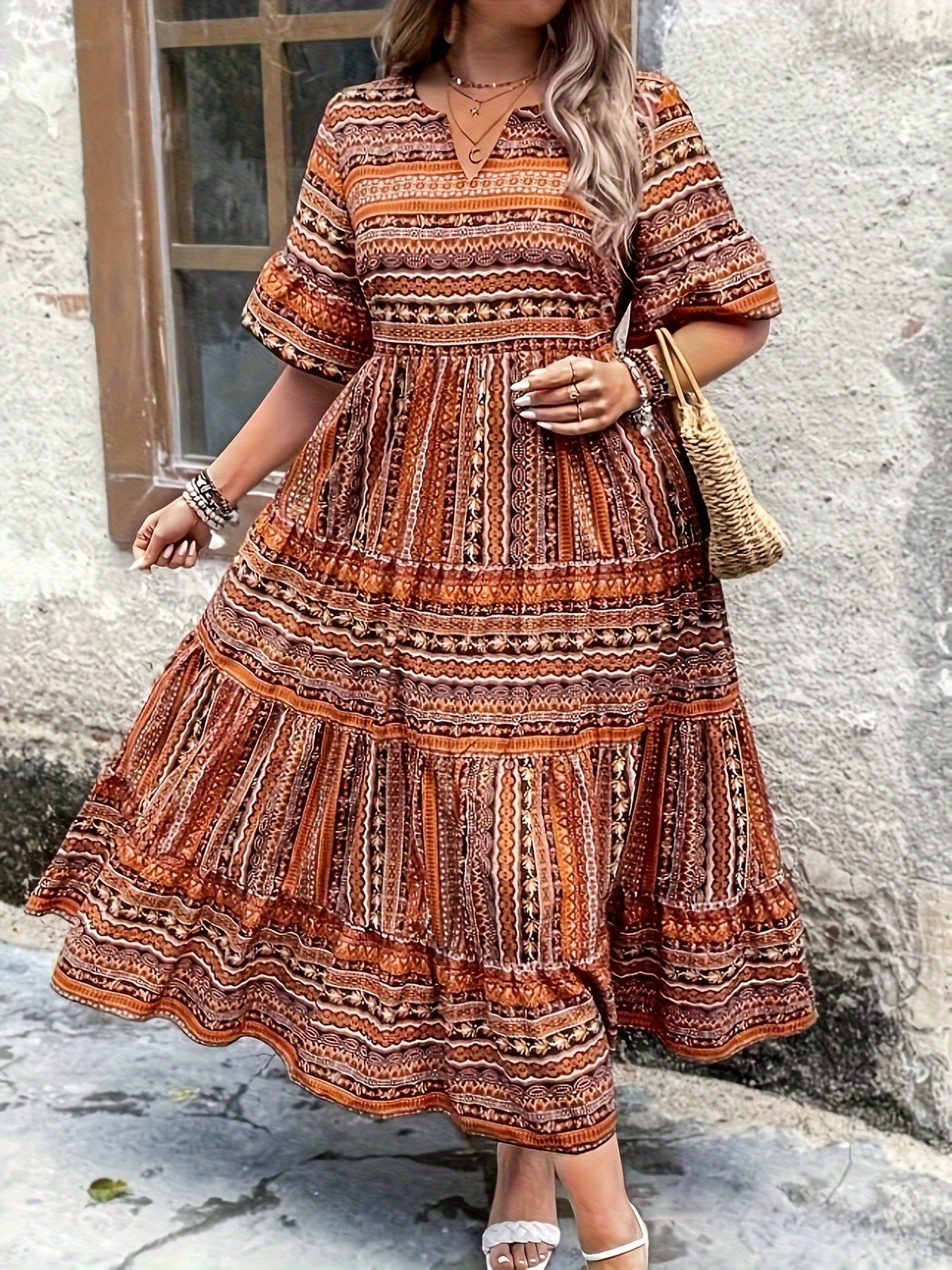 Sylpha | Women's Day Dress With Ethnic Print Design And Flowing Tiered Skirt | Casual