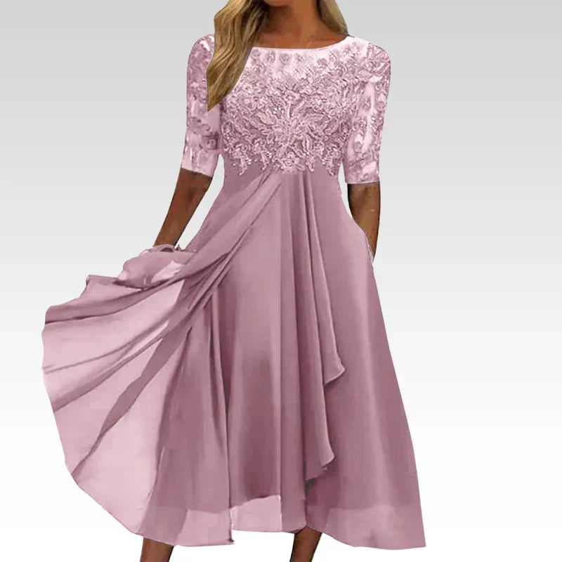 Sylvana | Women's Floral Dress With Lace Embroidered Bodice And Tea Length Skirt | Elegant