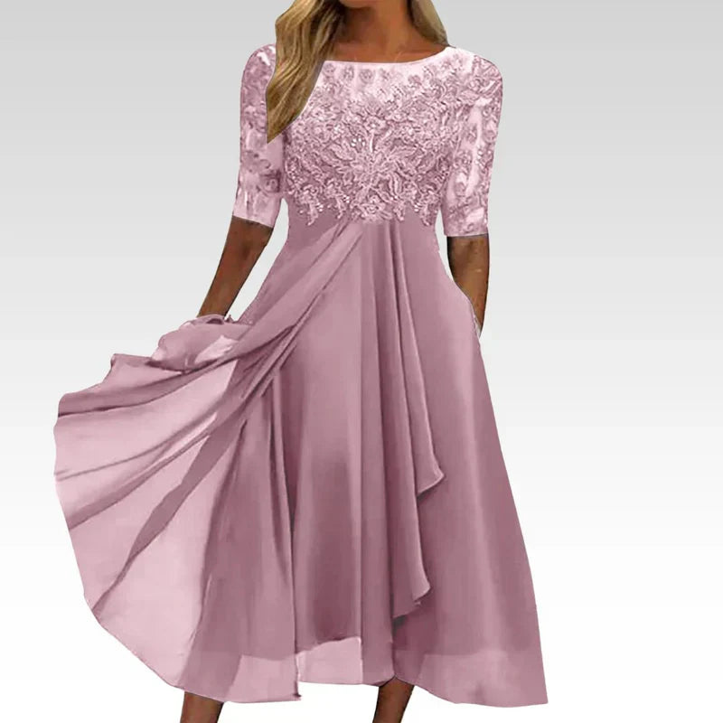 Sylvana | Women's Floral Dress With Lace Embroidered Bodice And Tea Length Skirt | Elegant
