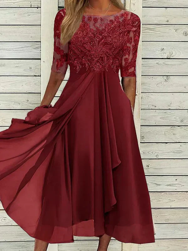 Sylvana | Women's Floral Dress With Lace Embroidered Bodice And Tea Length Skirt | Elegant