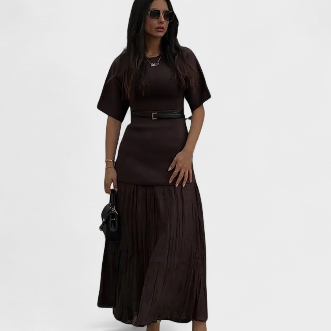 Andrea | Women's Day Dress With Pleated Maxi Skirt And Short Sleeve Design | Elegant