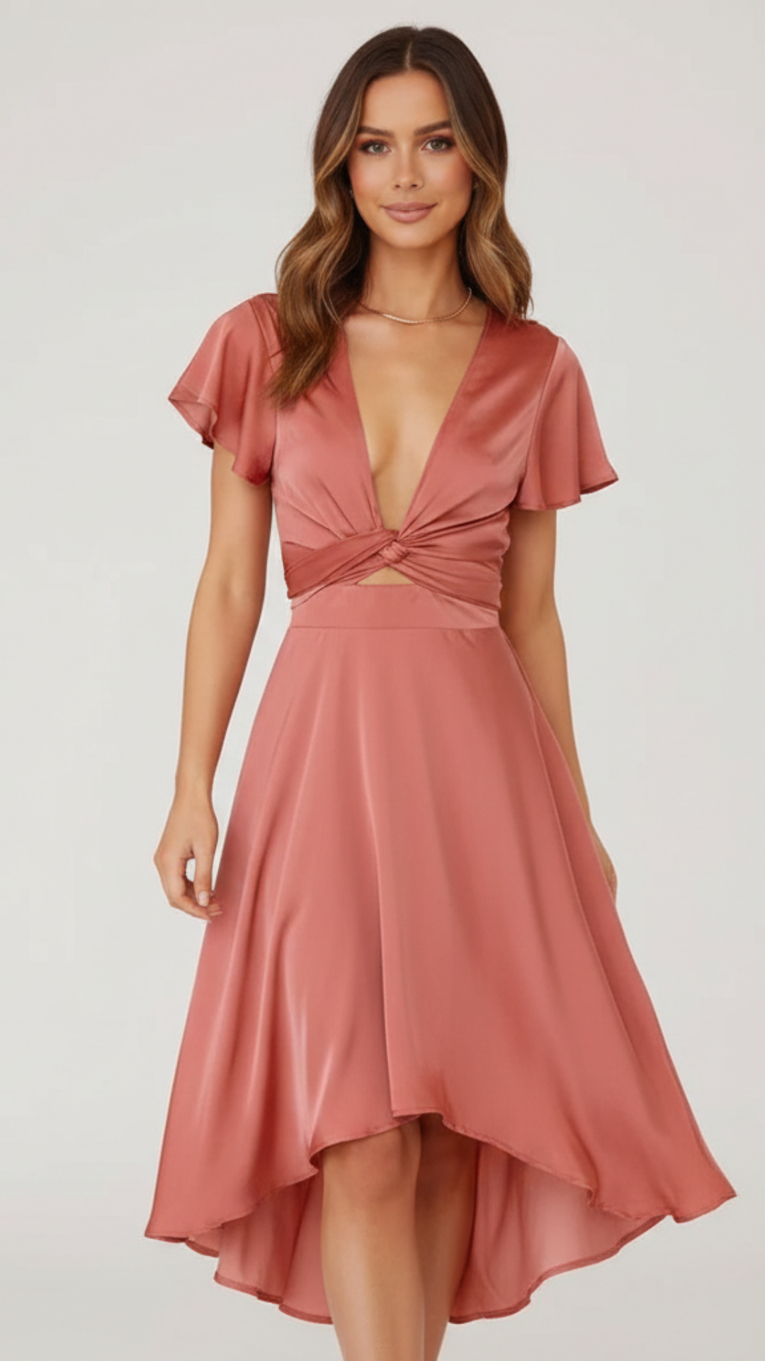 Noelle | Women's Graduation Dress With Deep V-Neckline And High-Low Hem | Refined Flow