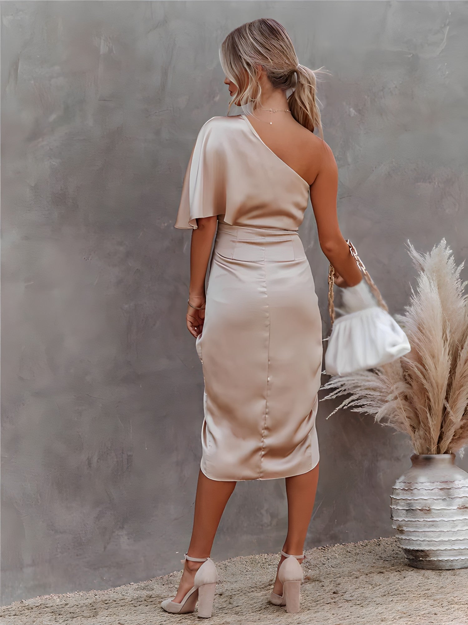 Camille | Women's Day Dress With Asymmetric Neckline And Draped Waist | Elegant