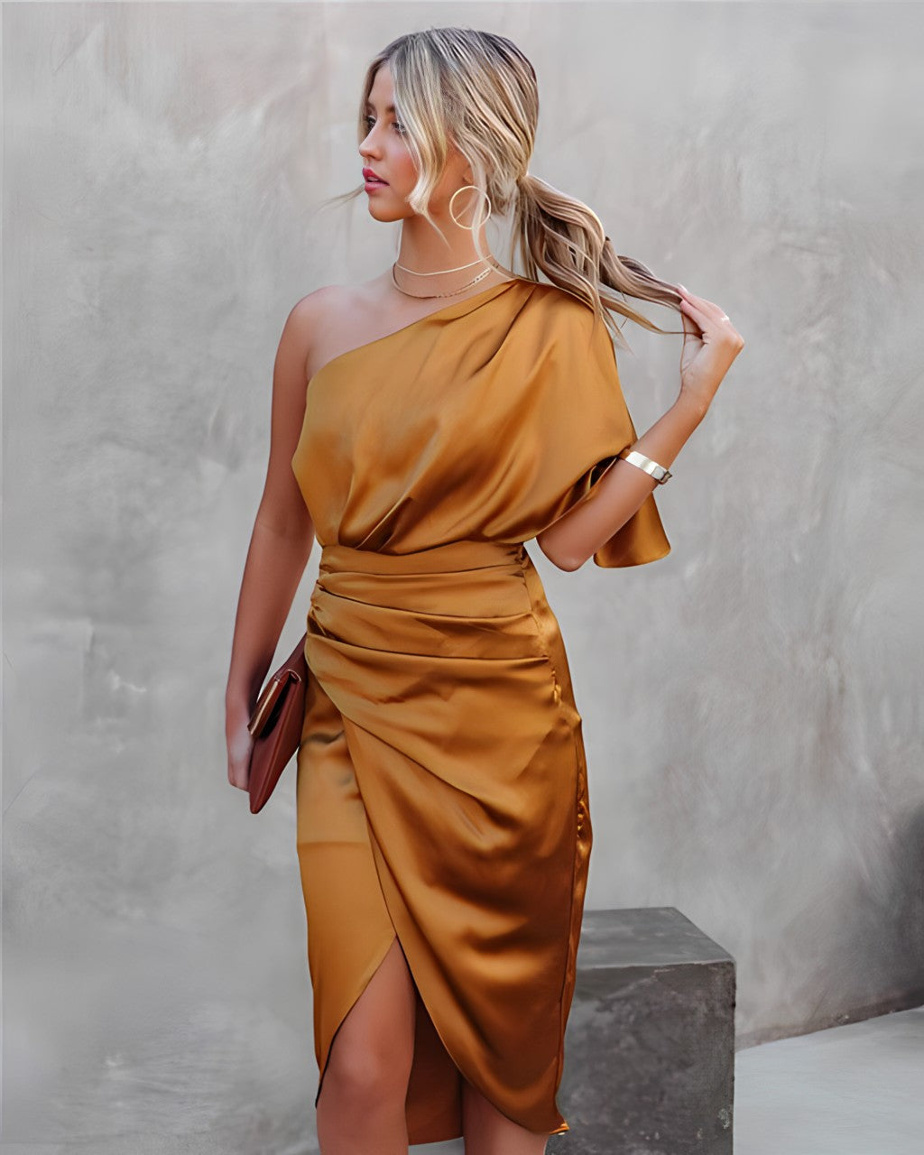 Camille | Women's Day Dress With Asymmetric Neckline And Draped Waist | Elegant