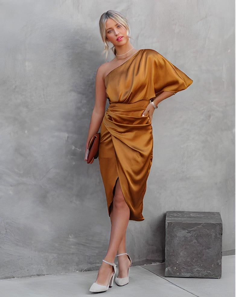 Camille | Women's Day Dress With Asymmetric Neckline And Draped Waist | Elegant