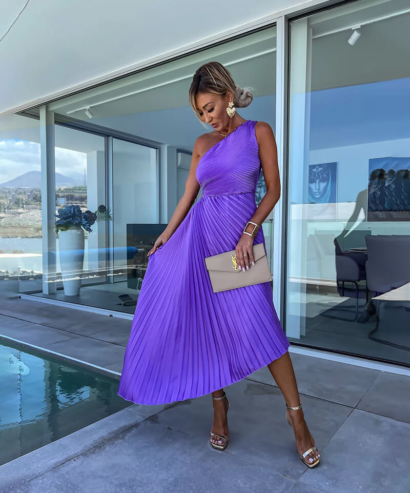 Celeste | Women's Cocktail Dress With One-Shoulder Pleated Design And Flowing Midi Style | Party
