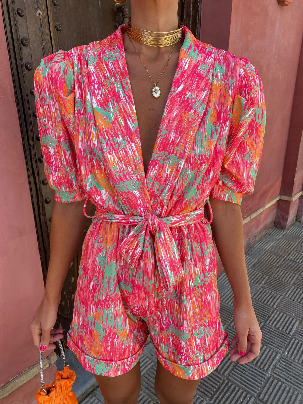 Charlotte | Women's V-Neck Romper With Puff Sleeves