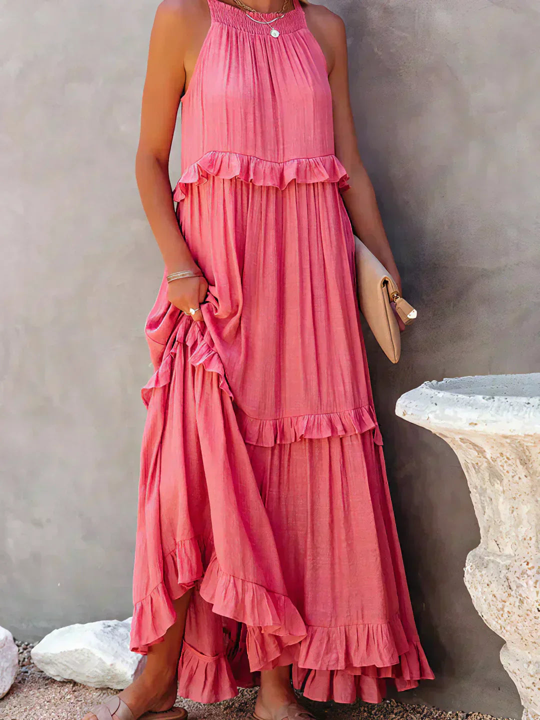 Delilah | Women's Day Dress With Halter Neck Design And Ruffle Trim Detail | Elegant