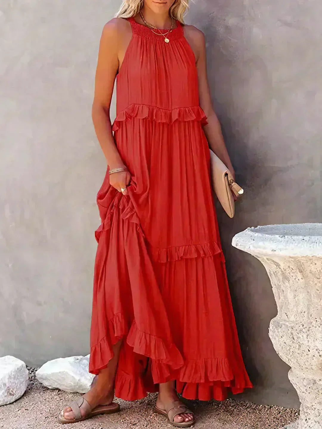 Delilah | Women's Day Dress With Halter Neck Design And Ruffle Trim Detail | Elegant