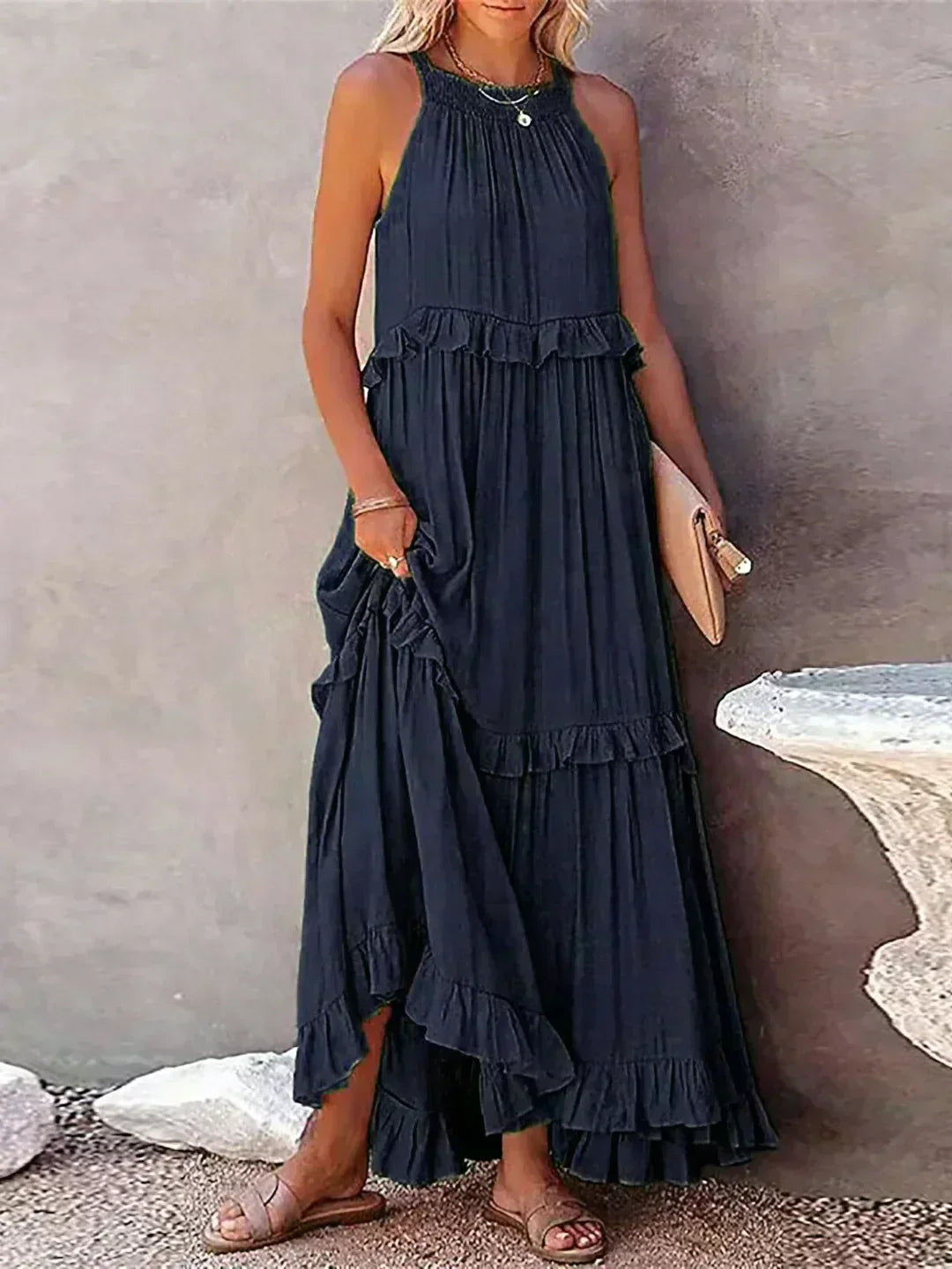 Delilah | Women's Day Dress With Halter Neck Design And Ruffle Trim Detail | Elegant