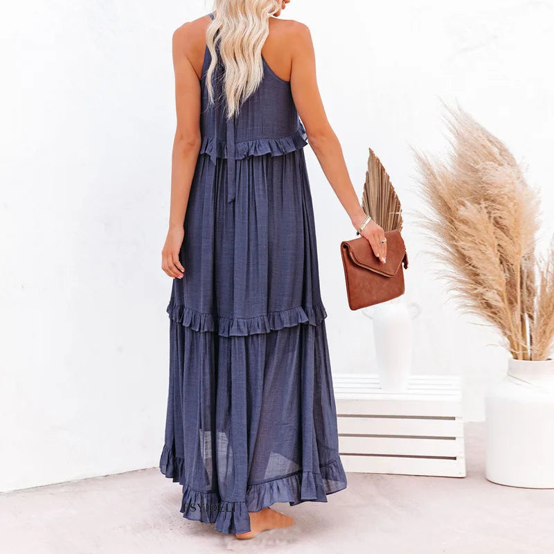 Delilah | Women's Day Dress With Halter Neck Design And Ruffle Trim Detail | Elegant