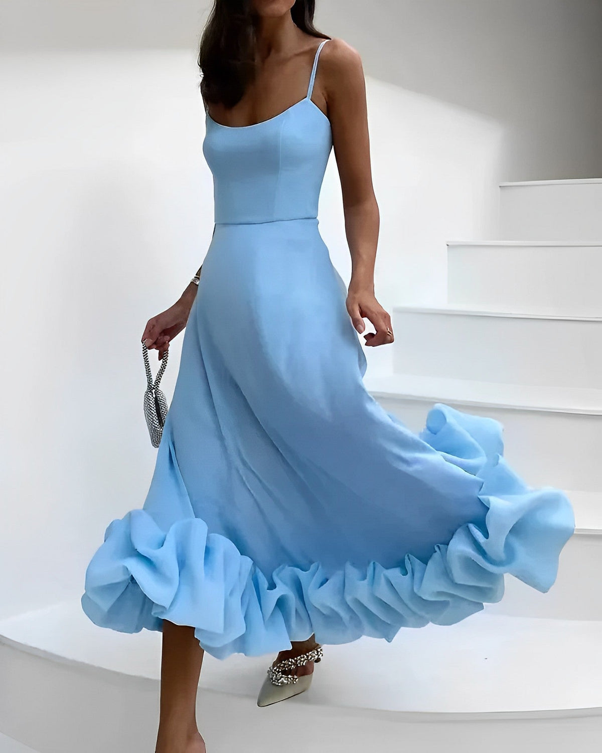 Elowen | Women's Wedding Guest Dress With Spaghetti Straps And Tiered Hem
