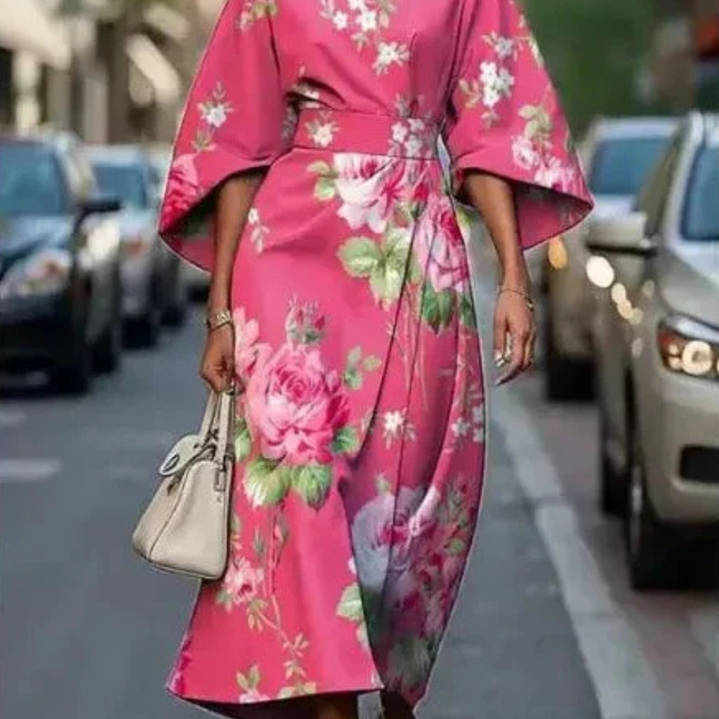 Elowen | Women's Floral Dress With Cape Sleeves And Tie Waist