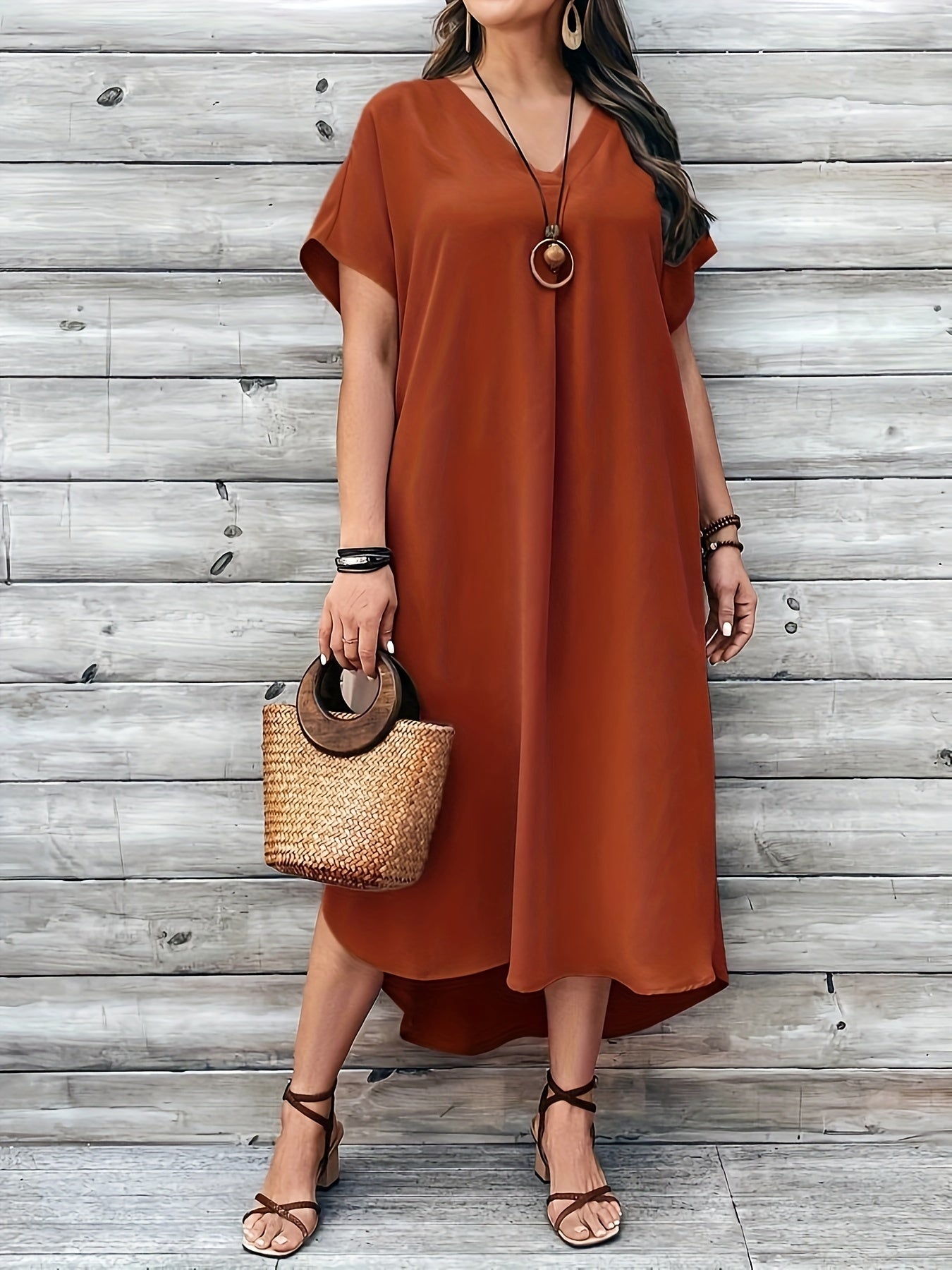 Emilia | Women's Day Dress With Flowy V Neck Design And Relaxed Midi Silhouette | Casual