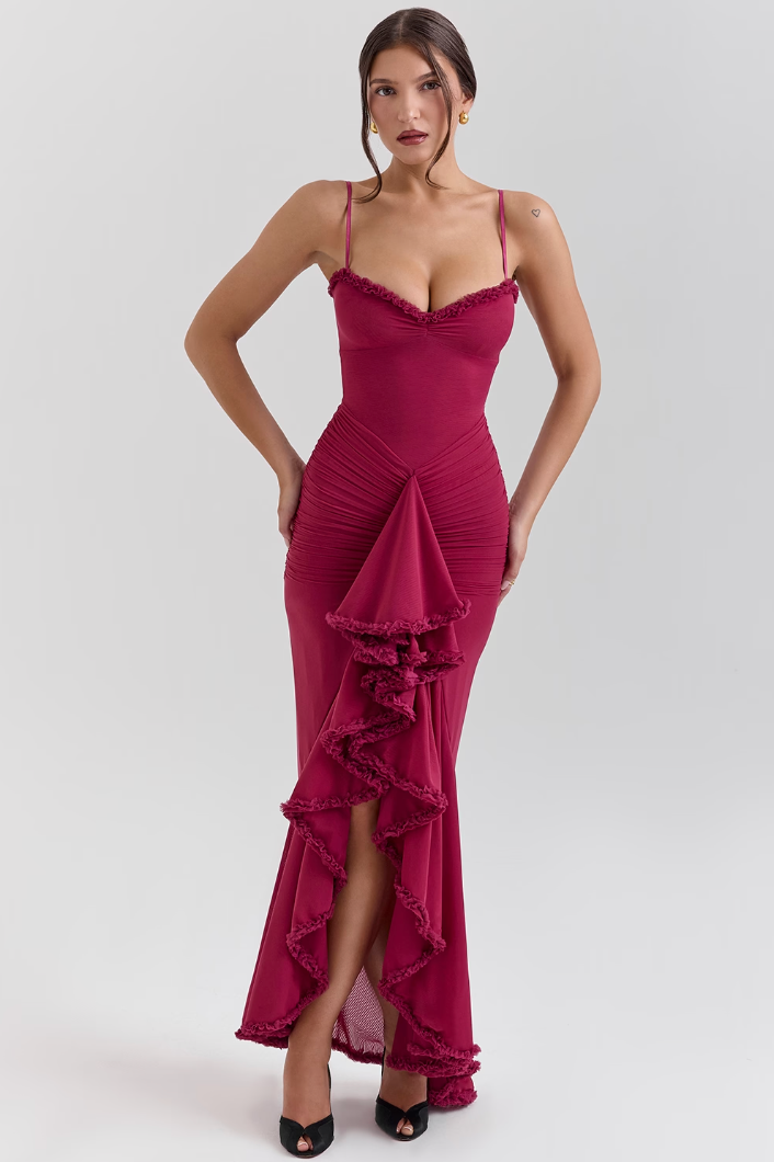 Fauna | Women's Cocktail Dress With Ruched Ruffle Design And Asymmetric Dovetail Silhouette | Party