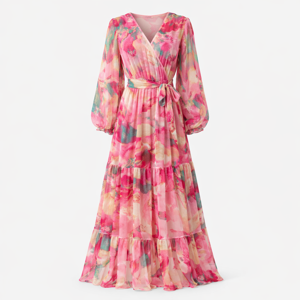 Felicity | Women's Floral Dress With Belted Waist Design And Flowing Maxi Skirt | Elegant