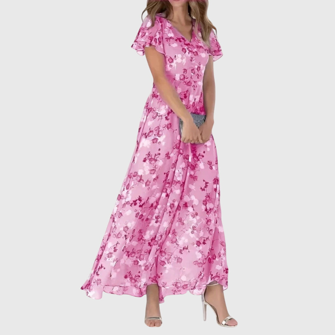 Lila | Women's Day Dress With V-Neck And Flutter Sleeves | Graceful