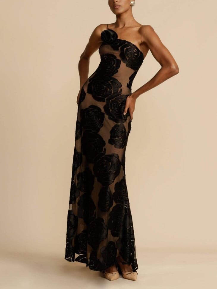 Luna | Women’s Graduation Dress With One-Shoulder Detail And Floral Appliqué | Elegant