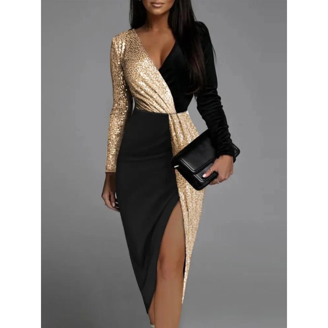Lyra | Women's Prom Dress With Asymmetric V-Neckline And Long Sleeve