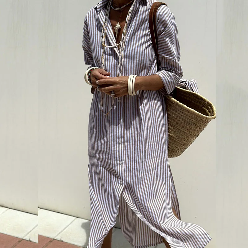Nicole | Women’s Formal Dress With Striped Fabric And Button Front | Casual