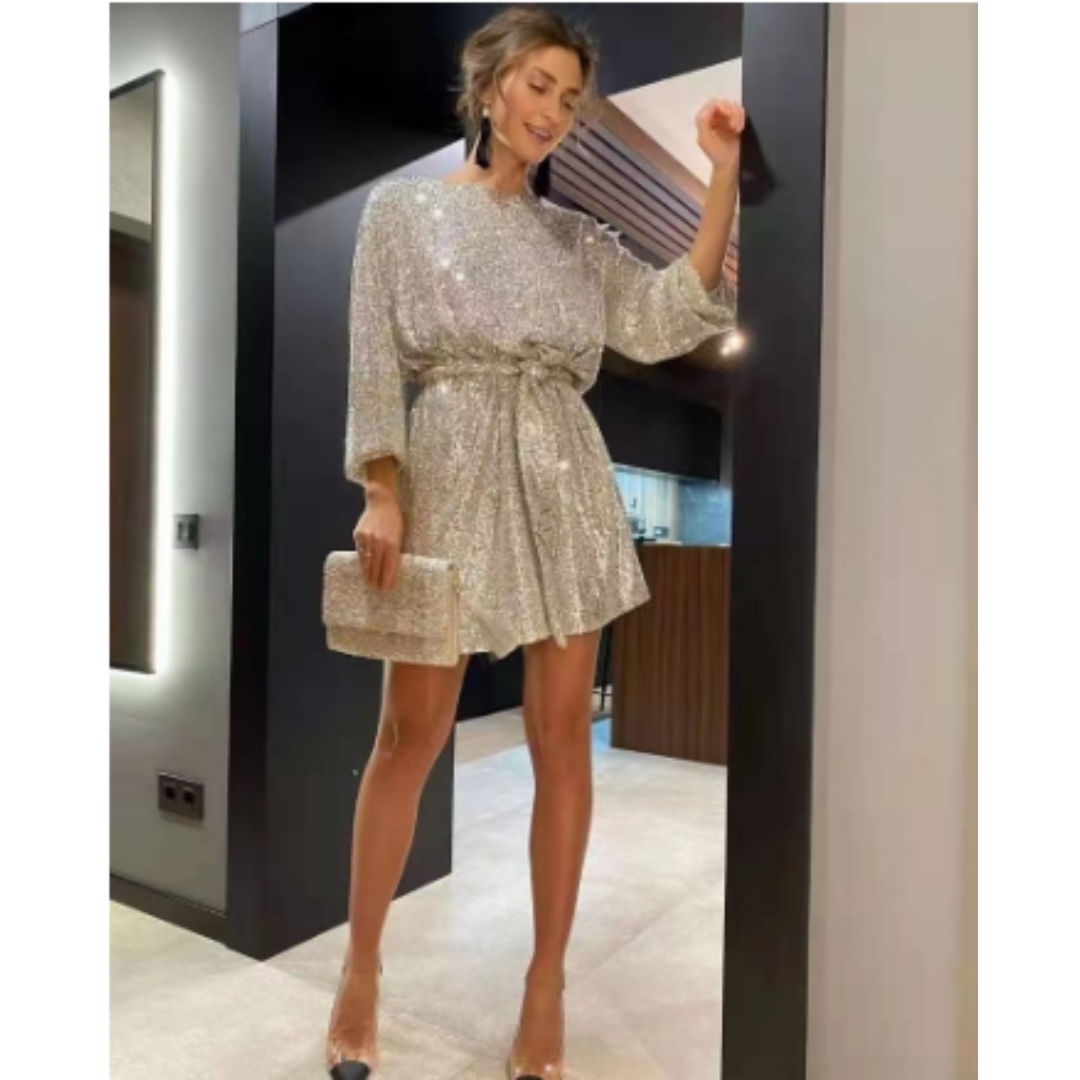 Olivia | Women's Prom Dress With Long Sleeves And Pleated Texture Sparkle Fit-and-Flare Night Out Look